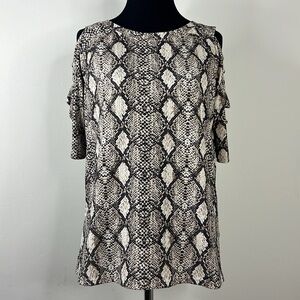 AVA JAMES Snake Print Cold Shoulder Top S